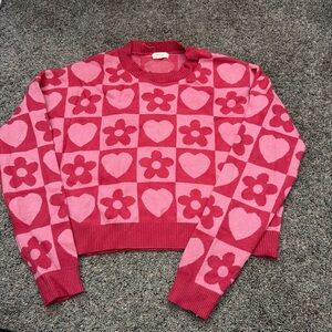 Debut Pink Heart and Flower Checkered Sweater